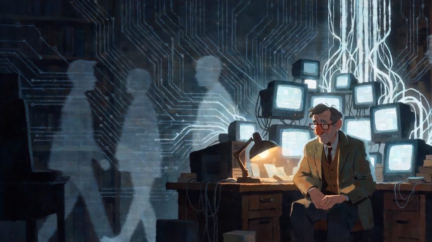 Ilustração de um homem de óculos sentado numa mesa cercada de monitores antigos, com circuitos luminosos e silhuetas translúcidas de pedestres se espalhando pelas paredes