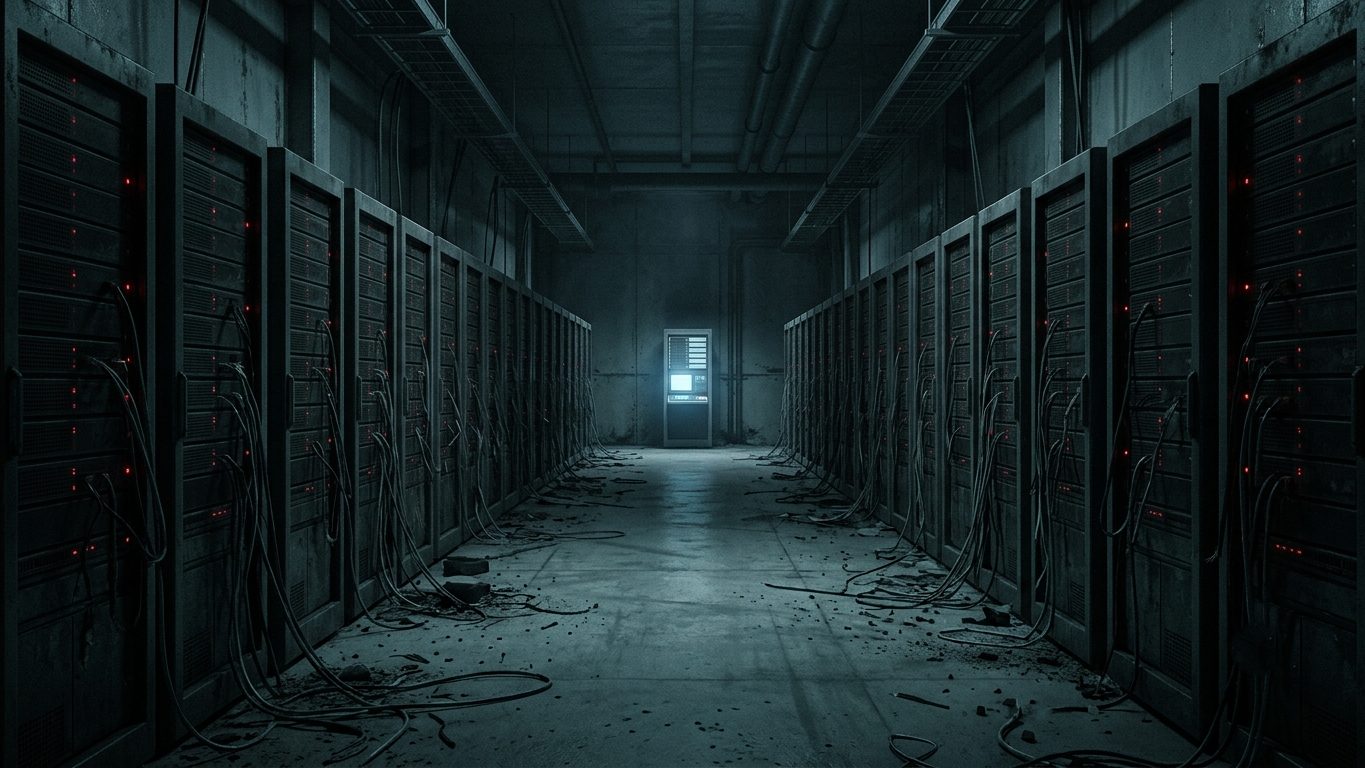 Un pasillo oscuro de centro de datos con filas de racks de servidor apagados y cables sueltos en el suelo, con una única terminal encendida al fondo