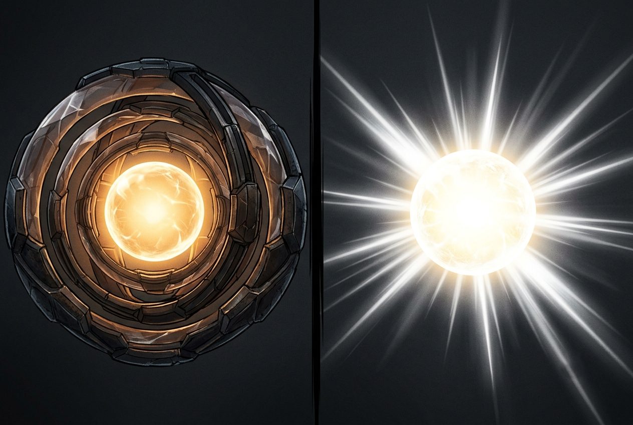 Diagrama diptico: a la izquierda un núcleo de luz contenido por múltiples capas concéntricas de blindaje; a la derecha un núcleo idéntico totalmente expuesto, irradiando luz sin ninguna contención