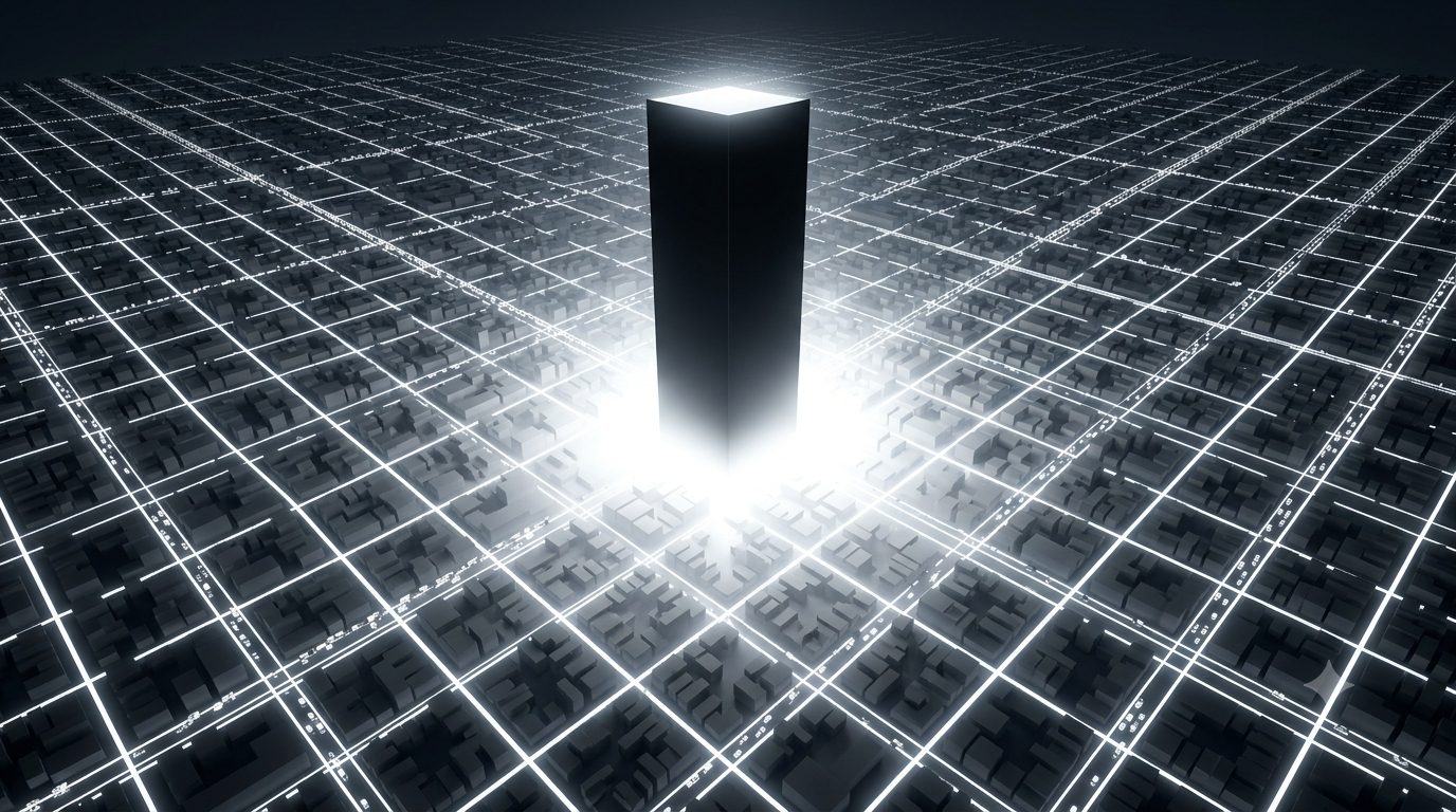 Aerial view of a city rendered as a cold geometric data grid, with a single monolithic tower radiating white light at the center