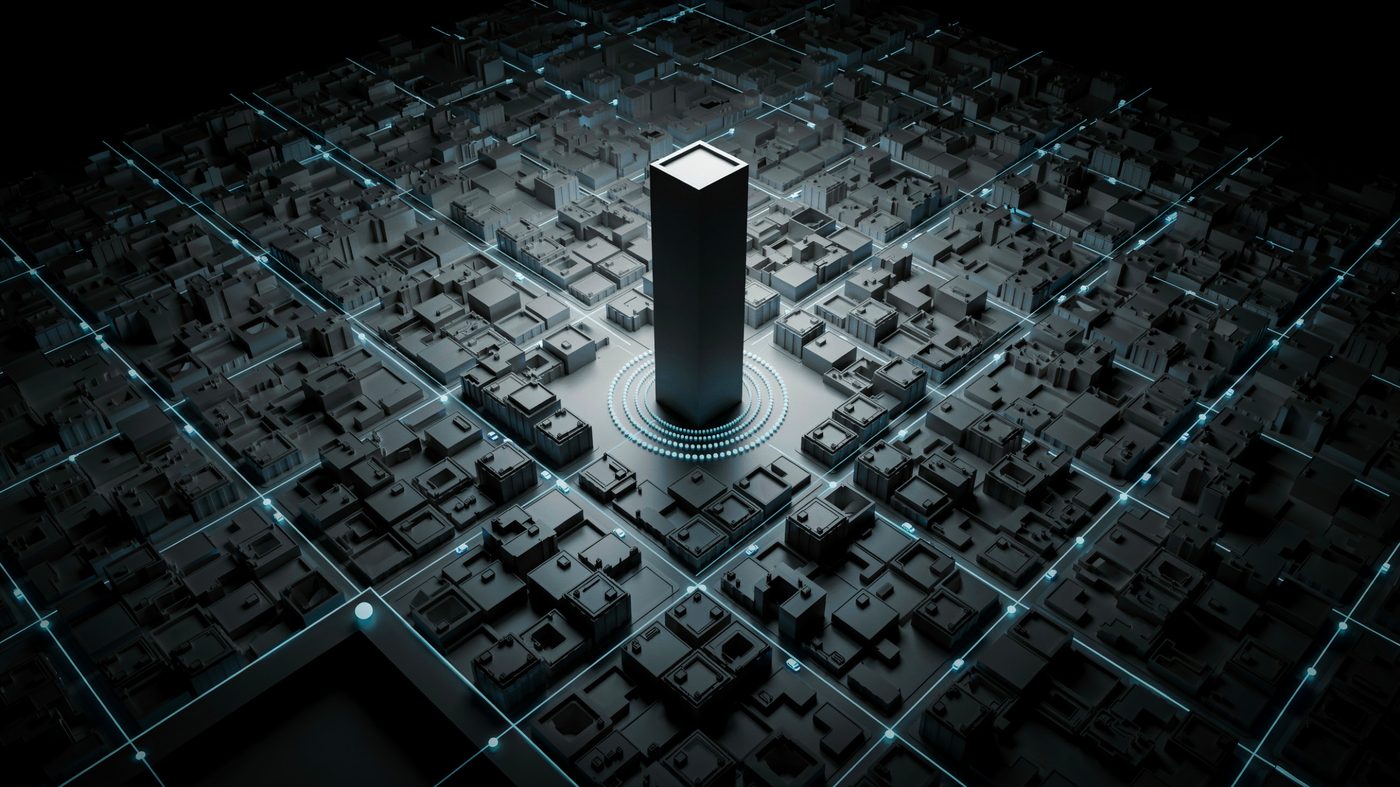 Vista aérea de una ciudad renderizada como una fría grilla de datos geométrica, con una única torre monolítica irradiando luz blanca en el centro